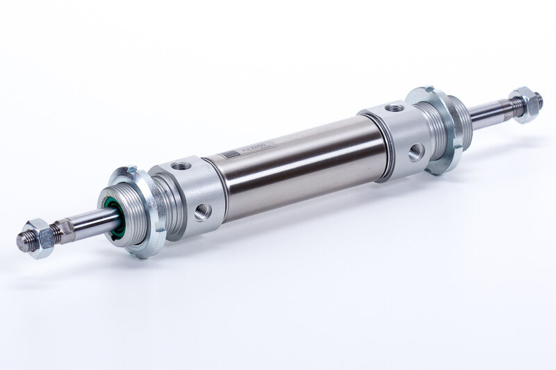 Double acting, through piston rod