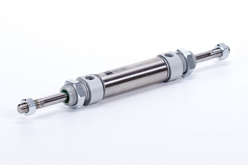 Double acting, through piston rod